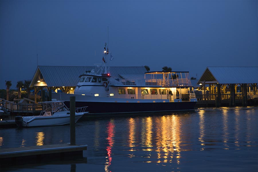 Bald Head Island ferry in the evening.