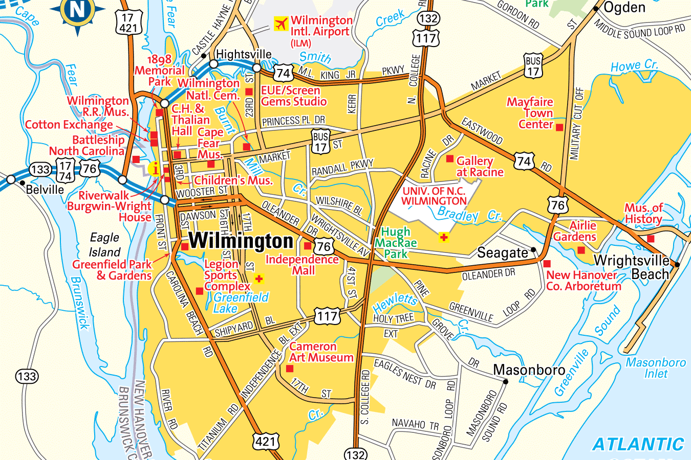 Wilmington, NC is a bound by the Cape Fear to the west and the Intracoastal Waterway to the East.
