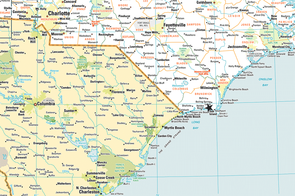 Oak Island is located in southeastern North Carolina between Holden Beach and Southport.
